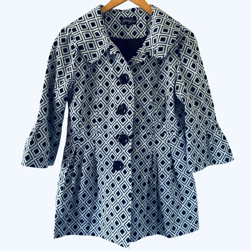 Eden Court Women’s Geometric Swing Coat Jacket Est M Black Gray Button Front